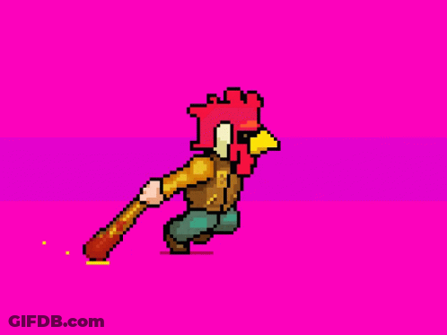 Pixel Art Man With Chicken Head Holding Baseball Bat GIF
