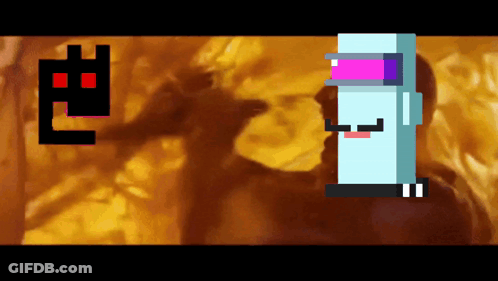 Pixel Art Man With Red Eye And Blue Object With Pink Eyes GIF