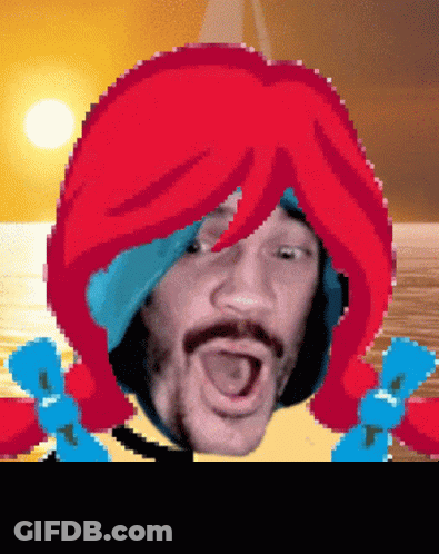 Pixel Art Man With Red Wig And Blue Bows GIF