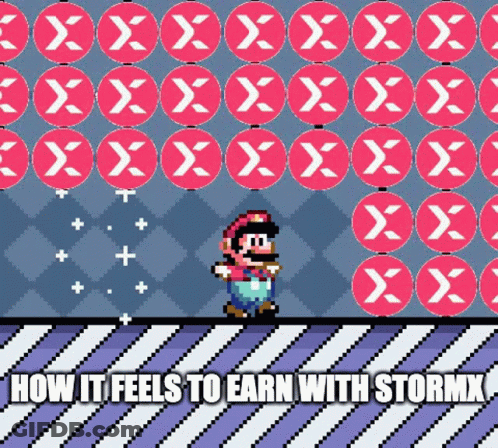 Pixel Art Mario Saying How It Feels To Earn With StormX GIF