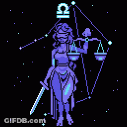 Pixel Art Of Lady Justice Holding Scales And A Sword With The Zodiac Sign Libra GIF