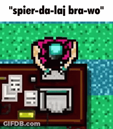 Pixel Art Person At Desk Saying Spier-Da-Laj Bra-Wo GIF