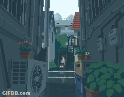 Pixel Art Person Biking Down Dark Alley GIF