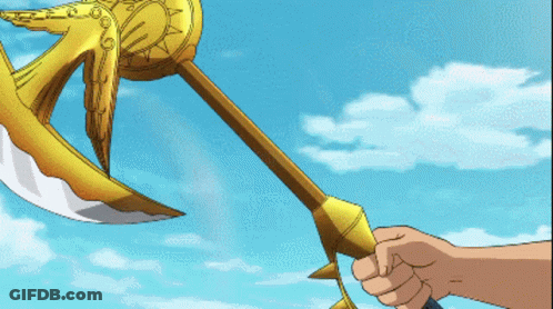 Pixel Art Person Holding Golden Axe With Wings GIF