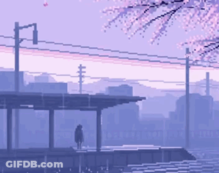 Pixel Art Person On Dock With Cherry Blossoms GIF
