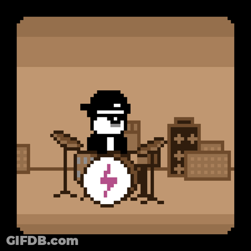 Pixel Art Person Playing Drum Set With Lightning GIF