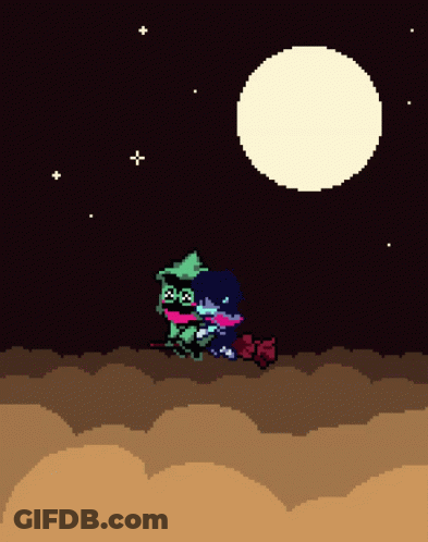 Pixel Art Person Riding Broom Under Full Moon GIF