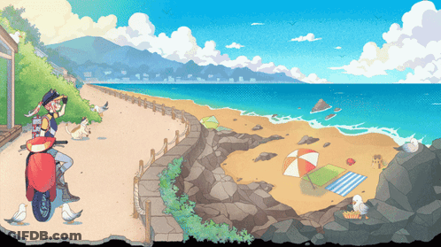 Pixel Art Person Riding Scooter On Beach GIF