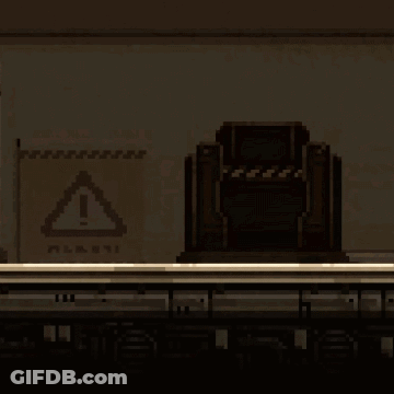 Pixel Art Person Standing Before Warning Sign GIF