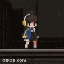 Pixel Art Person With Headphones In Front Of Yellow Arrow GIF