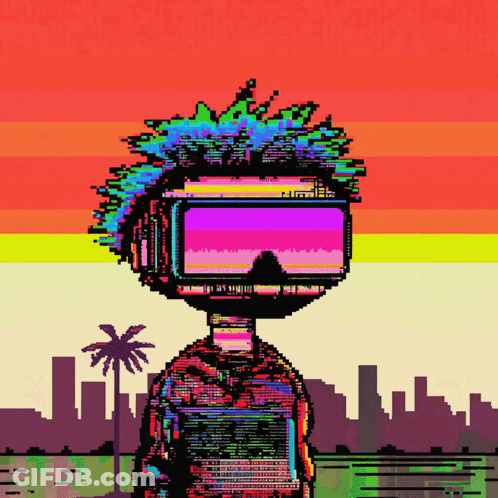 Pixel Art Person With VR Headset And Palm Tree GIF