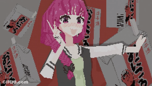 Pixel Art Pink-Haired Girl Envelopes With Chinese Writing GIF