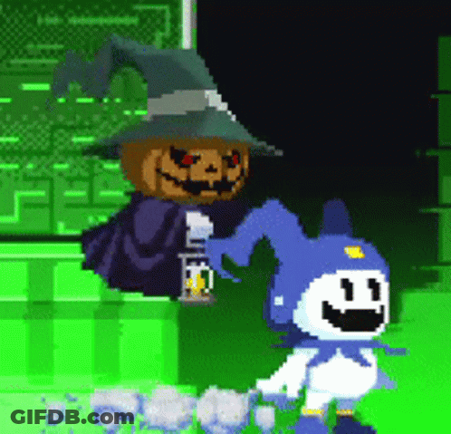 Pixel Art Pumpkin Holding Lantern Next To Cartoon Character GIF