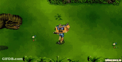 Pixel Art Robot In Front Of T-Rex GIF
