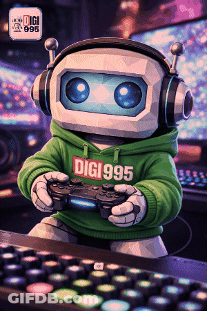 Pixel Art Robot Wearing Headphones And Digi 995 Sweatshirt GIF