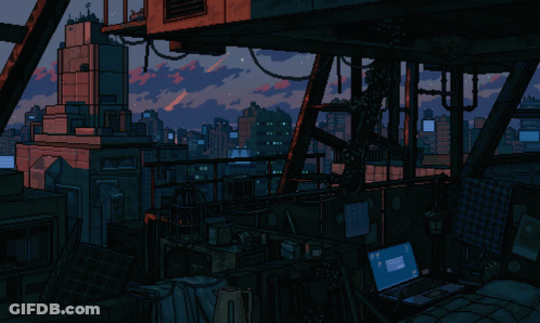 Pixel Art Room With Laptop And City Background GIF