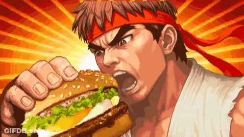 Pixel Art Ryu Eating Hamburger GIF