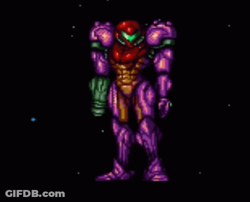 Pixel Art Samus In Purple Suit Holding Gun GIF