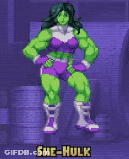 Pixel Art She-Hulk In Purple Outfit Next To Ready Sign GIF