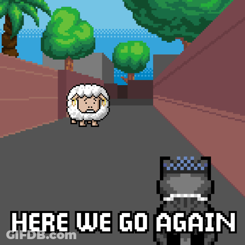Pixel Art Sheep And Cat Saying Here We Go Again GIF