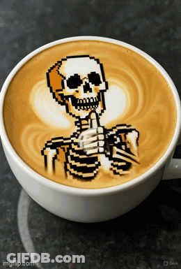 Pixel Art Skeleton Giving Thumbs Up With Coffee GIF