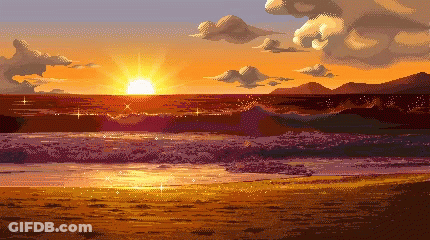 Pixel Art Sunset Over Ocean With Mountains GIF