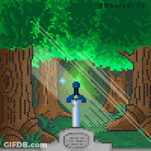 Pixel Art Sword Surrounded By Trees And Blue Star GIF