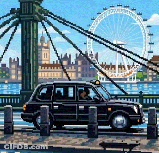 Pixel Art Taxi Driving Over Bridge GIF