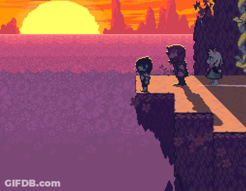 Pixel Art Three People On Cliff At Sunset GIF