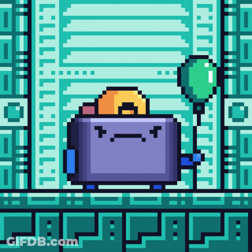 Pixel Art Toaster With Sad Face And Green Balloon GIF