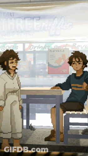 Pixel Art Two People At Table With Drinks Sign GIF