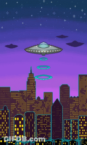 Pixel Art UFO Flying Over City GIF