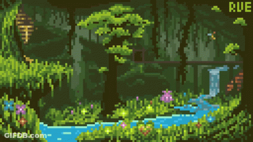 Pixel Art Waterfall In Forest With Rue GIF