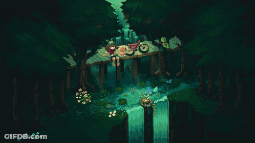 Pixel Art Waterfall With Two People On Dock GIF
