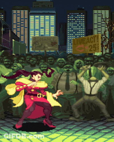 Pixel Art Woman Fighting Man In Front Of Live Act 25 Cents Sign GIF