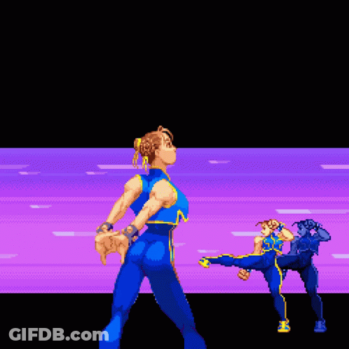 Pixel Art Woman In Blue Kicking Man GIF