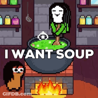 Pixel Art Woman In Cauldron Saying I Want Soup GIF