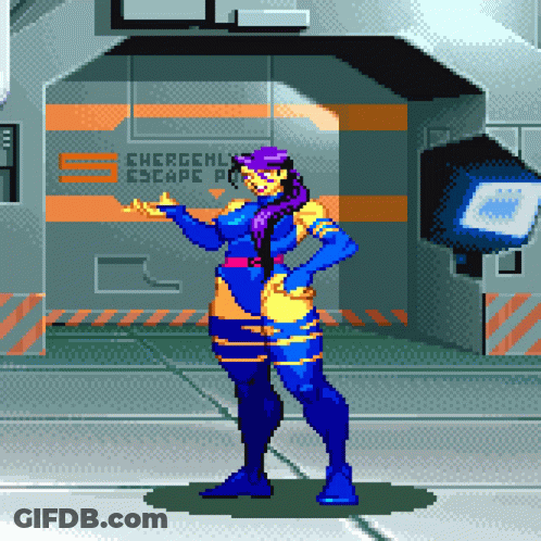 Pixel Art Woman In Front Of Escape Room Sign GIF
