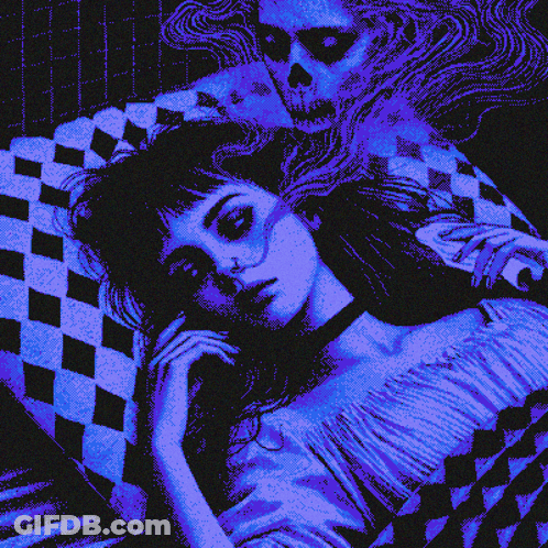 Pixel Art Woman Laying In Bed With Skeleton Coming Out Of Head GIF