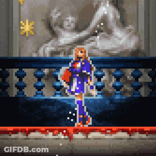 Pixel Art Woman On Balcony With Statue GIF