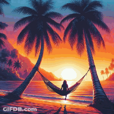 Pixel Art Woman Watching Sunset In Hammock GIF