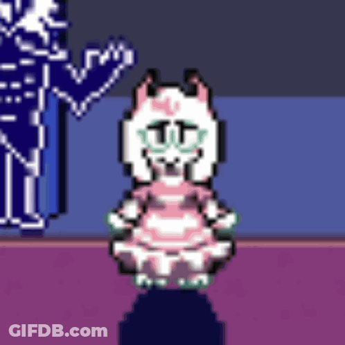 Pixel Cat In Glasses And Pink Dress With Skeleton GIF