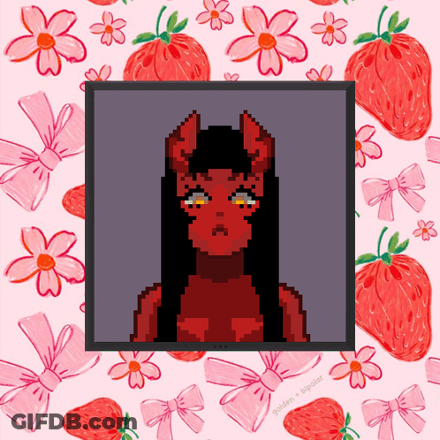 Pixel Demon With Strawberry Background GIF