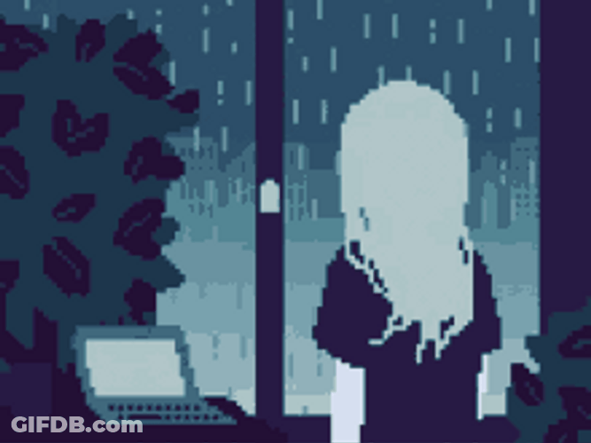Pixel Girl Raining Outside City Night GIF