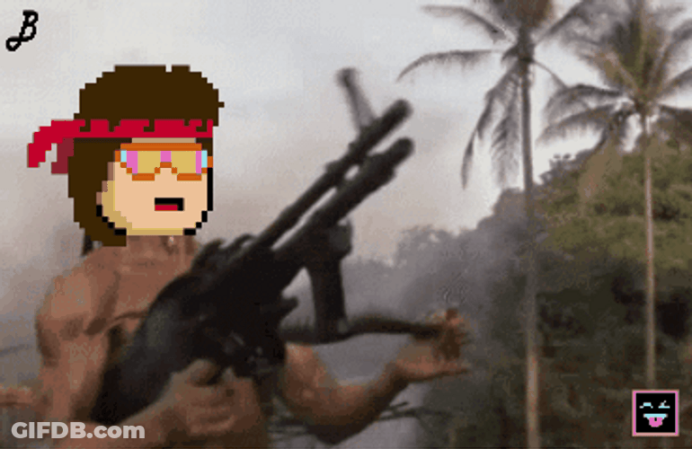 Pixelated Cartoon Rambo Machine Gun GIF