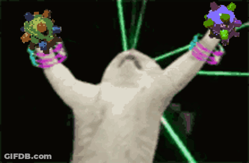 Pixelated Cat Holding Green And Purple Object GIF