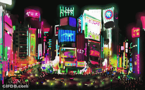 Pixelated City At Night With Tokyo Sign GIF