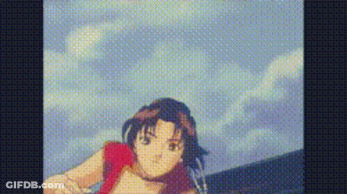 Pixelated Girl In Red Dress Against Blue Sky GIF