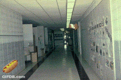 Pixelated Hot Dog Flying Through Hallway GIF