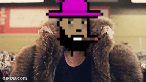Pixelated Man In Fur Coat And Purple Hat GIF